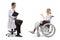 Male doctor and a female patient in a wheelchair having a conversation