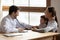 Male doctor listen to little boy patient heartbeat