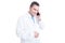 Male doctor or manager smiling and speaking at telephone