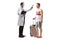 Male doctor measuring temperature to a tourist with a suitcase