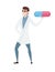 Male doctor in a medical coat holding a large pill in his hand cartoon character design flat vector illustration
