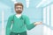 Male doctor in the medical interior of the hospital open palm copy space. Cartoon person. 3D rendering