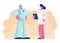 Male Doctor in Medical Robe with Stethoscope Speaking with Nurse Holding Notebook in Hands, Clinic, Hospital Healthcare Staff Work