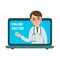 Male doctor online. Consultant on screen notebook. Pill trading app. Medical assistance, help, support network. Isolated