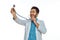 male doctor otoscope hospital treatment therapist light background