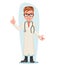 Male Doctor with Pill Medicine Hand Quality Treatment Forefinger up Cartoon Character Design Vector Illustration