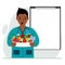 Male doctor with a plate of vegetables and fruits. Clipboard blank for your text. The concept of diet, proper nutrition