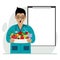 Male doctor with a plate of vegetables and fruits. Clipboard blank for your text. The concept of diet, proper nutrition