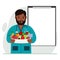 Male doctor with a plate of vegetables and fruits. Clipboard blank for your text. The concept of diet, proper nutrition