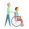 Male doctor pushing disabled man sitting on wheelchair. Colorful cartoon characters
