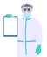 Male doctor in safety protection suit, mask, glasses and face shield showing blank clipboard. Physician or surgeon holding empty