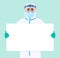 Male doctor in safety protection suit, mask, glasses and face shield showing blank poster, banner. Physician or surgeon