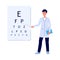 Male doctor showing letters on eye test board - cartoon man in medical uniform