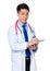 Male doctor write on clipboard