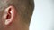 Male ear close up. Gray haired man temple and ear left side view. Human hearing organs. Human body anatomy.