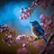 Male Eastern Bluebird (Sialia sialis) perching on a branch of blossoming sakura
