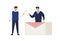 Male elector give ballot or voting choosing candidate at polling place vector flat illustration. Man politician standing