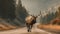 Male Elk runs across a road. Generative AI