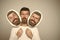 Male emotions. Hipster with serious, happy and scary face hold portrait nameplate.