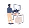 Male employee behind ergonomic furniture working on computer vector flat illustration. Man standing on footrest looking