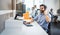 Male employee telephone worker assisting to client while having conversation during online phone call center.