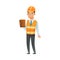 Male engineer character in orange safety helmet and west holding tablet with notes cartoon vector illustration