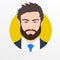 Male face avatar. Man with beard in the suit, shirt and necktie portrait. Businessman icon. Vector illustration