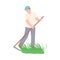 Male Farmer Cutting Grass with Scythe Vector Illustration