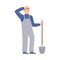 Male Farmer in Overall Standing with Shovel Working in the Garden Vector Illustration