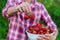 A male farmer picks strawberries in the garden. Selective focus.