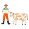 Male farmer protests with poster and cow. Vector hand drawn