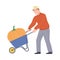 Male Farmer Pushing Wheelbarrow with Mature Pumpkin Vector Illustration