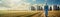 Male Farmer Walking Along Silos On Sunny Farm. Panoramic Banner. Generative AI