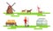 Male Farmer Working at Farm Set, Eco Farm Elements, Animals, Greenhouse, Windmill Vector Illustration