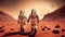 Male and female astronaut couple walking in the planet Mars landscape, holding hands. AI generated