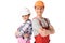 Male and female builders in hardhats and overalls