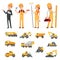 Male and female characters of builders and different illustrations of construction equipment, machines