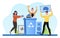 Male and female characters holding electronic devices near a bin with recycle symbol