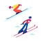 Male and Female Characters Ski Jumpers. Sportsman and Sportswoman Flying in Air during Extreme Jump at Olympic Games