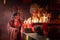 Male and female Chinese opera actors Light a candle to pray homage to the gods to enhance the prosperity for yourself on the