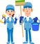 Male and female cleaning workers with cleaning tools