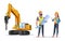 Male and female construction engineer characters with drill excavator