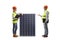 Male and female engineers discussing a photovoltaic panel