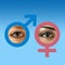 Male and female eyes on grad blue