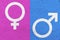 Male and female gender symbols Mars and Venus signs over pink and blue uneven texture background.