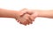 male and female hand united handshake on isolated white background