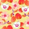 Male and female kiwifruits flowers, seamless pattern design in red color palette on soft yellow background