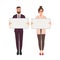 Male and female managers, clerks or office workers holding clean white boards or banners. Cute smiling man and woman