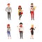 Male and Female Parisian Character Wearing Red Beret in Striped Shirt with Scarf Vector Illustration Set