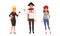 Male and Female Parisian Characters Wearing Red Scarf and Beret Waving Hand and Holding Glass of Wine Vector